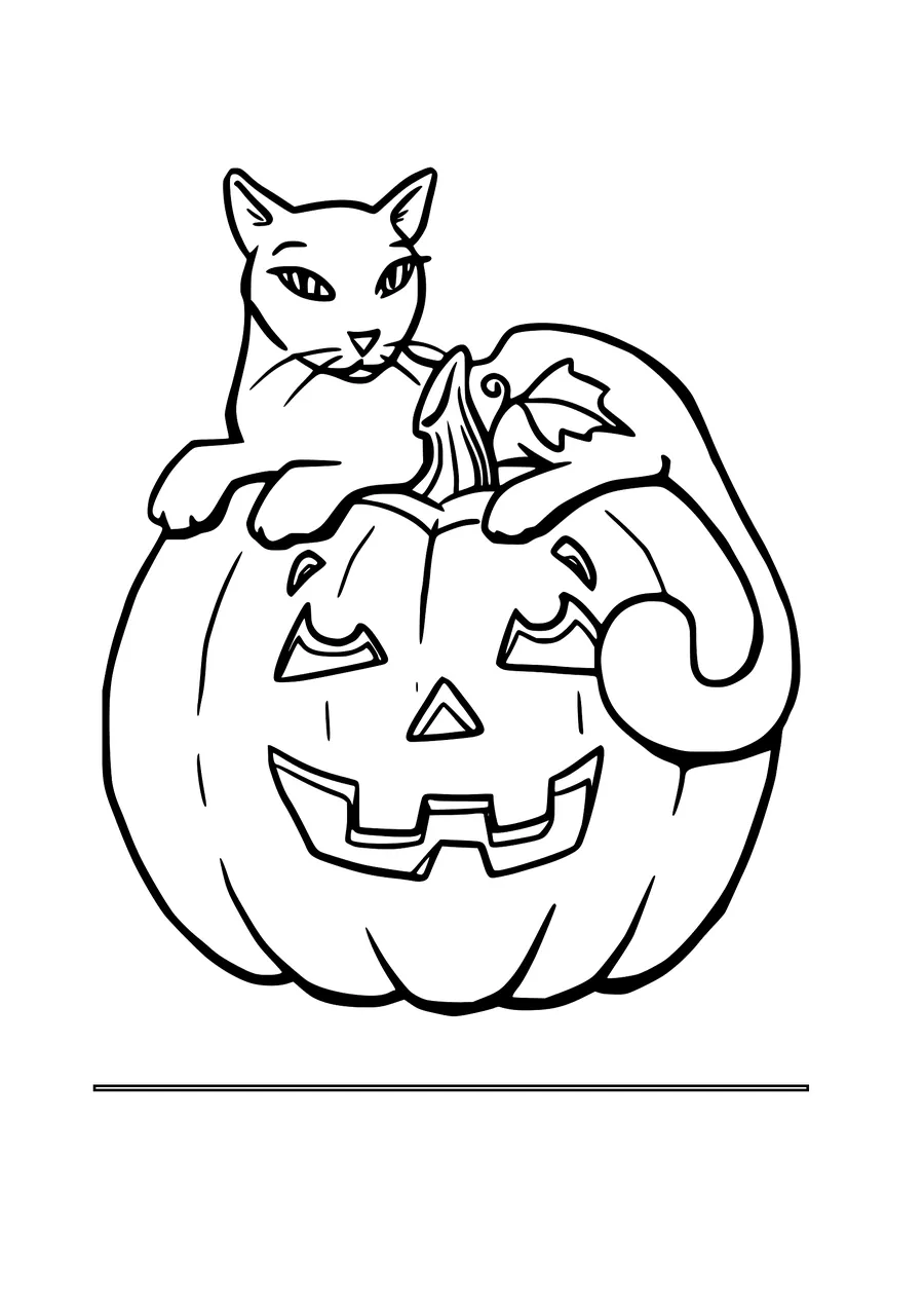 Cat sitting on a Halloween Pumpkin coloring printable
