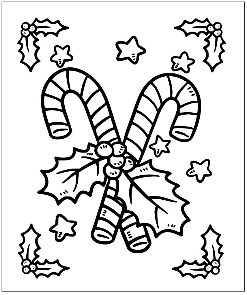 candy cane with leaves cooring page