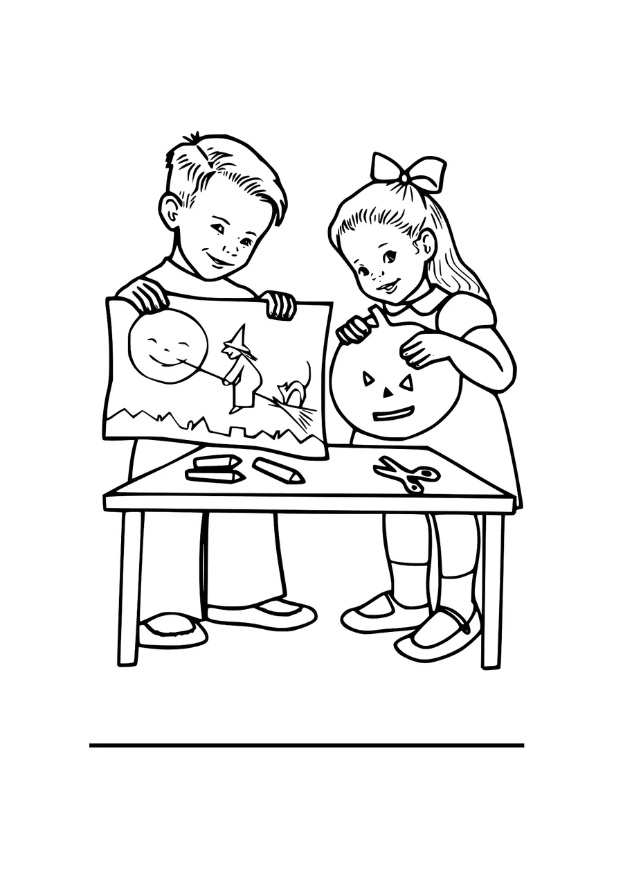 Kids Coloring a Halloween Pumpkin